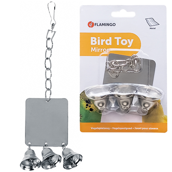 Flamingo Mirror+3Bells ФЛАМІНГО КВАДРАТНЕ ДЗЕРКАЛО З ДЗВІНОЧКАМИ іграшка для папуг , 7 см х 8 см см