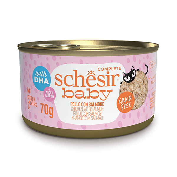Schesir Baby Chicken With Salmon ШЕЗІР КУРКА З ЛОСОСЕМ в бульйоні натуральні консерви для кошенят, банка фото 1