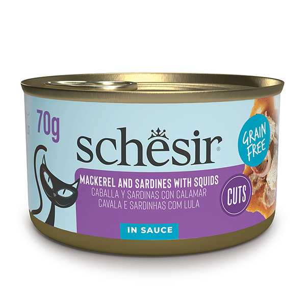 Schesir Grill Mackerel and Sardines with Squids ШЕЗІР МАКРЕЛЬ З САРДИНОЮ в соусі натуральні консерви беззерновий корм для котів, банка фото 1