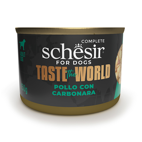 Schesir Taste the World Chicken with Carbonara ШЕЗІР КУРКА З КАРБОНАРОЮ в бульйоні натуральні консерви для собак, вологий корм, банка фото 1