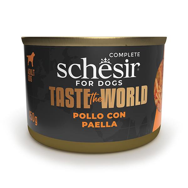Schesir Taste the World Chicken With Paella ШЕЗІР КУРКА З ПАЕЛЬЄЮ в бульйоні натуральні консерви для собак, вологий корм, банка фото 1