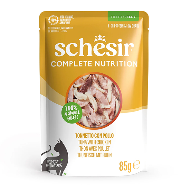 Schesir Tuna and Chicken ШЕЗІР ТУНЕЦЬ З КУРЯЧИМ ФІЛЕ в желе повнораціонний вологий корм консерви для котів, пауч фото 1