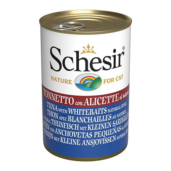 Schesir Tuna with Whitebaits ШЕЗІР ТУНЕЦЬ З АНЧОУСАМИ в бульйоні натуральні консерви для котів, вологий корм, банка фото 1