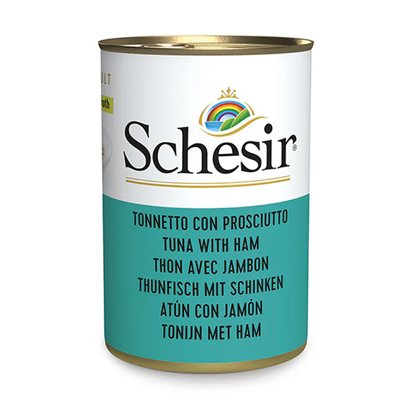 Schesir Tuna with Ham ШЕЗІР ТУНЕЦЬ З ШИНКОЮ в бульйоні натуральні консерви для котів, вологий корм, банка фото 1
