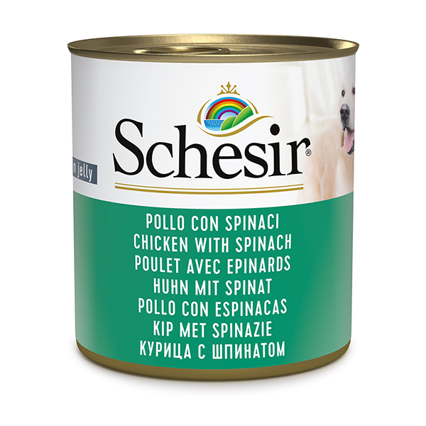 Schesir Chicken With Spinach ШЕЗІР КУРКА ЗІ ШПИНАТОМ в желе натуральні консерви для собак, вологий корм, банка фото 1