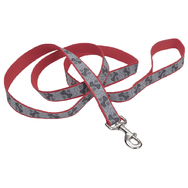 Coastal Lazer Brite Reflective Leash КОСТАЛ ЛАЗЕР БРАЙТ світловідбивний повідець для собак, 1.6смХ1.2м , Червоний з кісточками см., 1,6 см х 1,2 м см фото 1