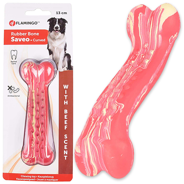 Flamingo Rubber Saveo Curved Bone Beef ФЛАМІНГО САВЕО ВИГНУТА КІСТКА жувальна іграшка для собак, смак яловичини , 13 см х 4 см см фото 1