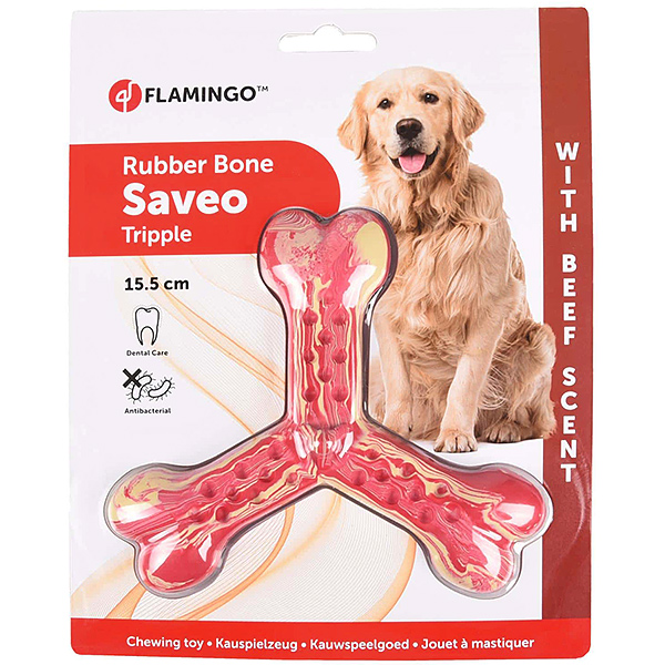 Flamingo Rubber Flexo Saveo Triple Bone Beef ФЛАМІНГО САВЕО ПОТРІЙНА КІСТКА жувальна іграшка для собак, смак яловичини , 15,5 см х 14 см см фото 1