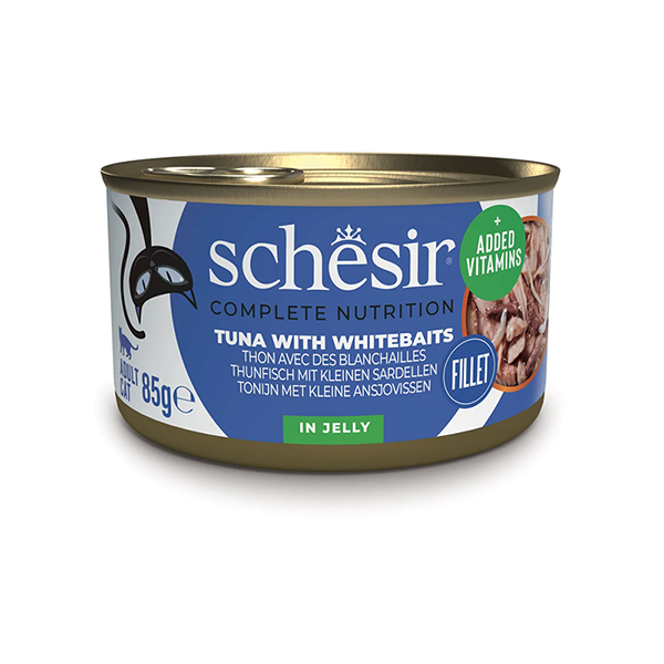 Schesir Tuna with Whitebaits ШЕЗІР ТУНЕЦЬ З АНЧОУСАМИ в желе повнораціонний вологий корм консерви для котів, банка фото 1