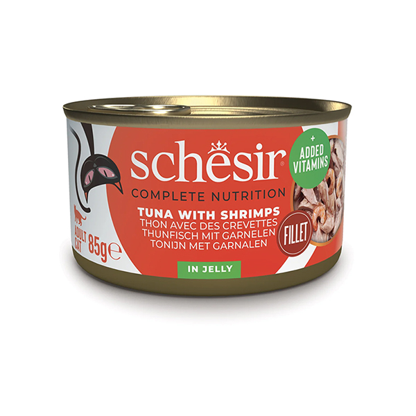 Schesir Tuna with Shrimps ШЕЗІР ТУНЕЦЬ З КРЕВЕТКАМИ в желе повнораціонний вологий корм консерви для котів, банка фото 1