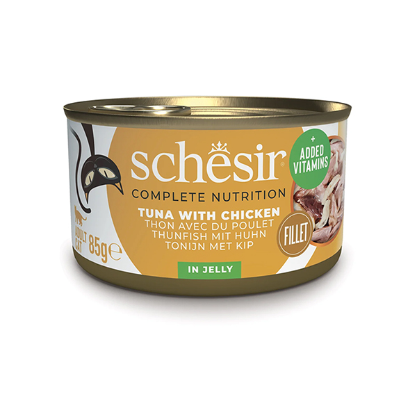 Schesir Tuna and Chicken ШЕЗІР ТУНЕЦЬ З КУРЯЧИМ ФІЛЕ в желе повнораціонний вологий корм консерви для котів, банка фото 1