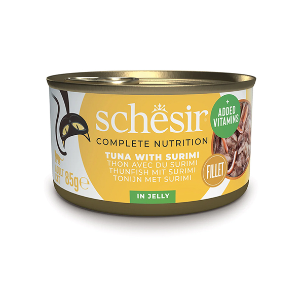 Schesir Tuna with Surimi ШЕЗІР ТУНЕЦЬ З СУРІМІ в желе повнораціонний вологий корм консерви для котів, банка фото 1