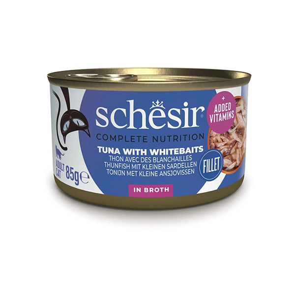Schesir Tuna with Whitebaits ШЕЗІР ТУНЕЦЬ З АНЧОУСАМИ і рисом в бульйоні повнораціонний вологий корм консерви для котів, банка фото 1