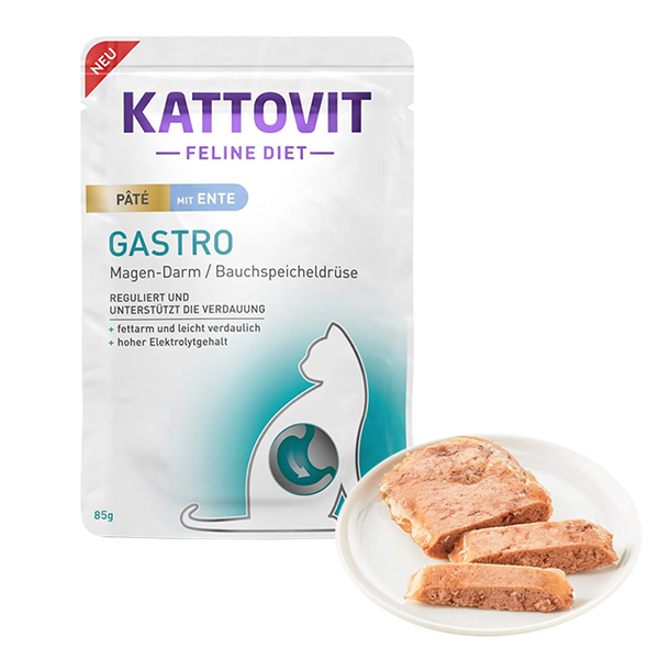 Kattovit Veterinary Gastro Duck Pate КАТТОВІТ ГАСТРО КАЧКА паштет повнораціонний вологий дієтичний корм для котів із захворюваннями шлунково-кишкового тракту та підшлункової залози, пауч фото 1