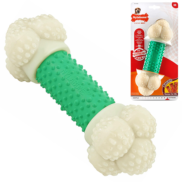 Nylabone Extreme Chew Double Action НІЛАБОН ПОДВІЙНА ДІЯ жувальна іграшка для собак, смак бекону , M см., Бекон см., 18 см х 5,5 см х 5,5 см, до см фото 1