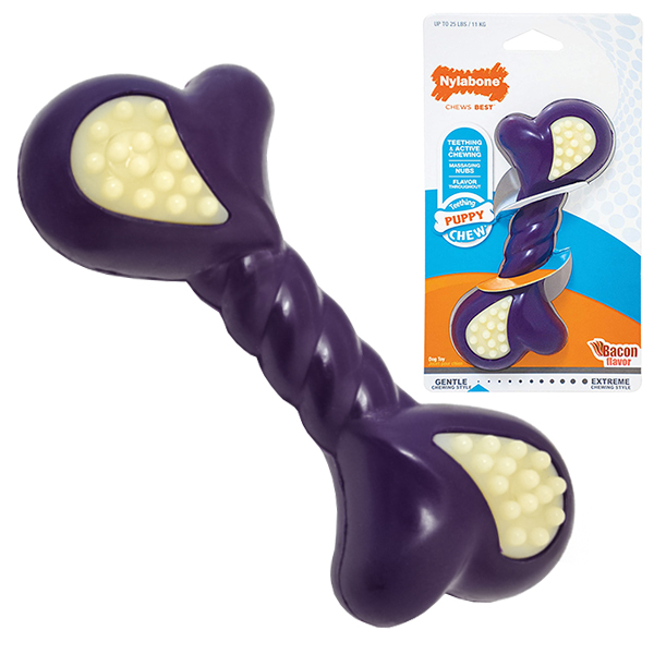 Nylabone Puppy Chew Double Action НІЛАБОН ПОДВІЙНА ДІЯ жувальна іграшка для цуценят, смак бекону , L см., Бекон см., 16 см х 6,5 см х 4 см, до см фото 1