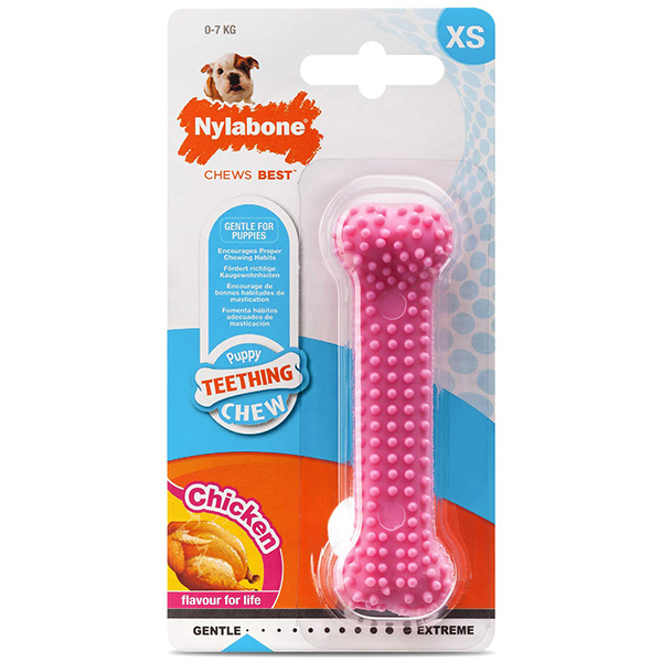 Nylabone Puppy Chew Dental Bone НІЛАБОН ДЕНТАЛ БОУН жувальна іграшка кістка для цуценят, смак курки , XS см., Рожевий см., 9,5 см х 2,5 см х 1,9 см, до см фото 1