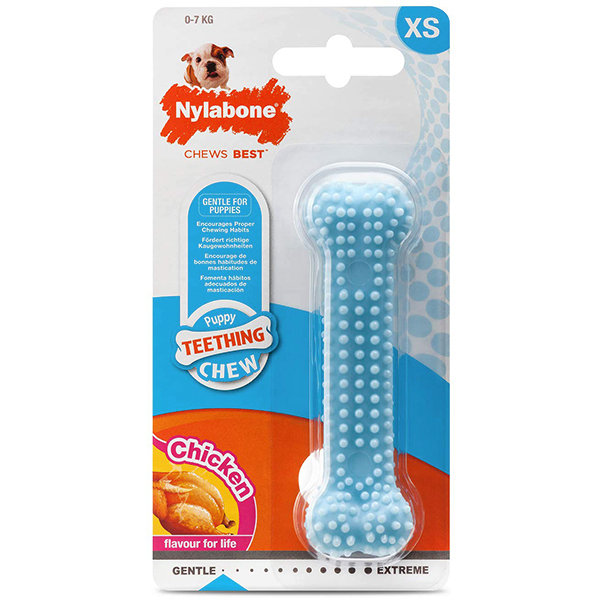 Nylabone Puppy Chew Dental Bone НІЛАБОН ДЕНТАЛ БОУН жувальна іграшка кістка для цуценят, смак курки , XS см., Блакитний см., 9,5 см х 2,5 см х 1,9 см, до см фото 1