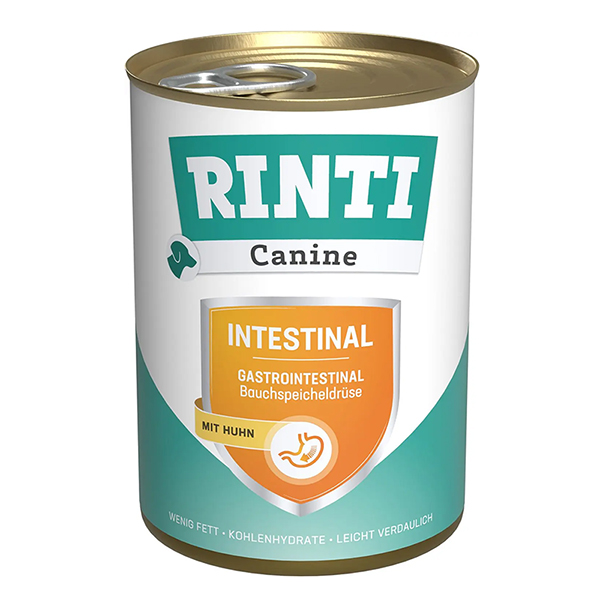 Rinti Canine Veterinary Intestinal mit Huhn РІНТІ ВЕТЕРІНАРІ ІНТЕСТІНАЛ КУРКА дієтичний вологий корм для собак із захворюваннями ШКТ та підшлункової залози, банка фото 1
