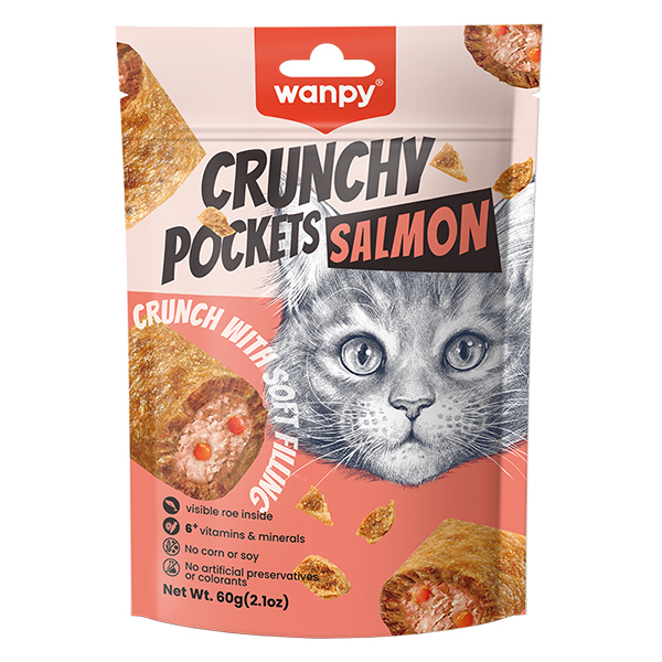 Wanpy Crunchy Pockets Salmon & Roe ВАНПІ ХРУСТКІ ПОДУШЕЧКИ З ЛОСОСЕМ ТА ІКРОЮ ласощі для котів фото 1