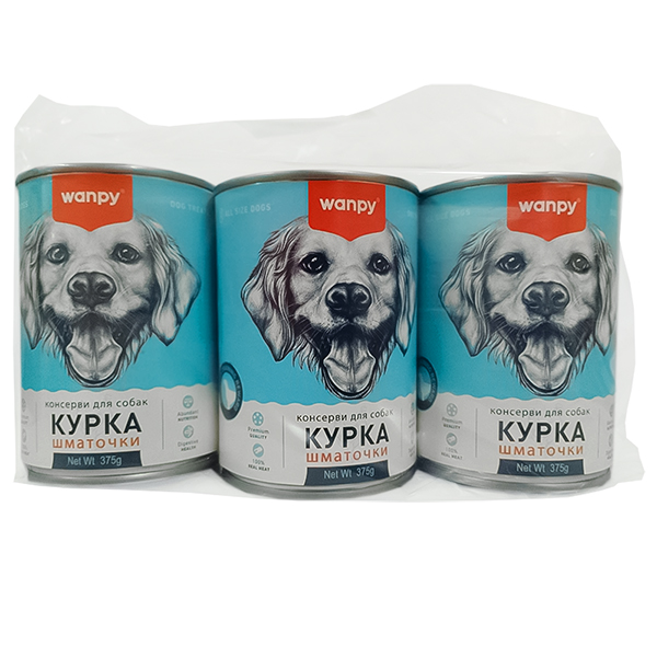 2+1 НАБІР Wanpy М’ЯСНИЙ БЕНКЕТ Шматочки Курка вологий корм консерви для собак, банка 3х , 3од. х см