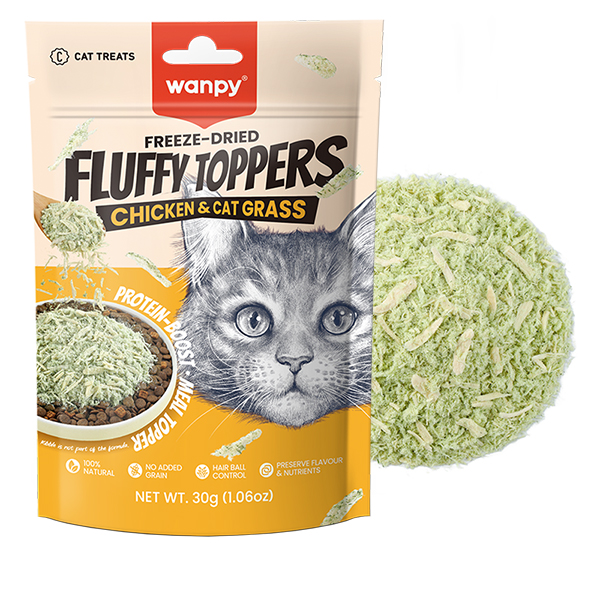 Wanpy Fluffy Toppers Chicken & Cat Grass ВАНПІ КУРКА ТА КОТЯЧА ТРАВА сублімовані ласощі для котів, топінг фото 1