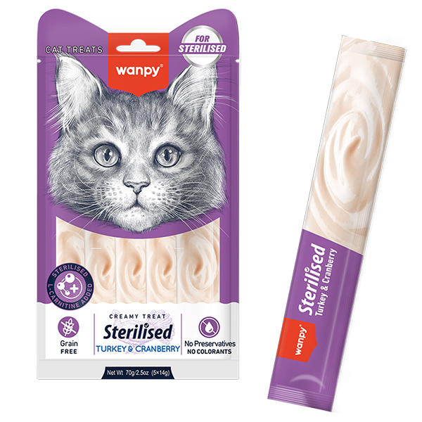 Wanpy Creamy Lickable Treats Sterilized Turkey&Cranberry ВАНПІ ДЛЯ СТЕРИЛІЗОВАНИХ КОТІВ рідкі ласощі з індичкою та журавлиною , 5 од х см фото 1