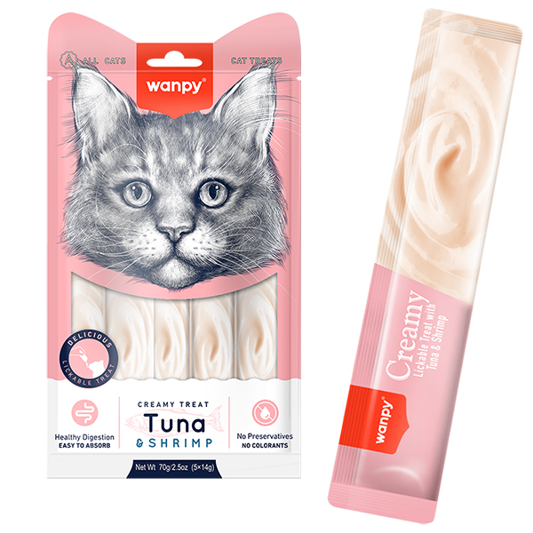 Wanpy Creamy Lickable Treats Tuna & Shrimp ВАНПІ ТУНЕЦЬ З КРЕВЕТКАМИ рідкі ласощі для котів , 5 од х см фото 1