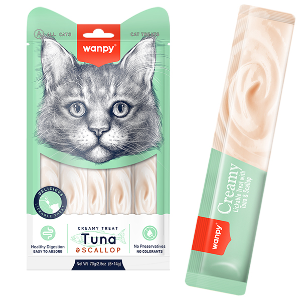 Wanpy Creamy Lickable Treats Tuna & Scallop ВАНПІ ТУНЕЦЬ З МОРСЬКИМ ГРЕБІНЦЕМ рідкі ласощі для котів , 5 од х см фото 1