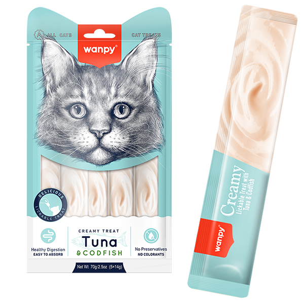 Wanpy Creamy Lickable Treats Tuna & Codfish ВАНПІ ТУНЕЦЬ З ТРІСКОЮ рідкі ласощі для котів , 5 од х см фото 1
