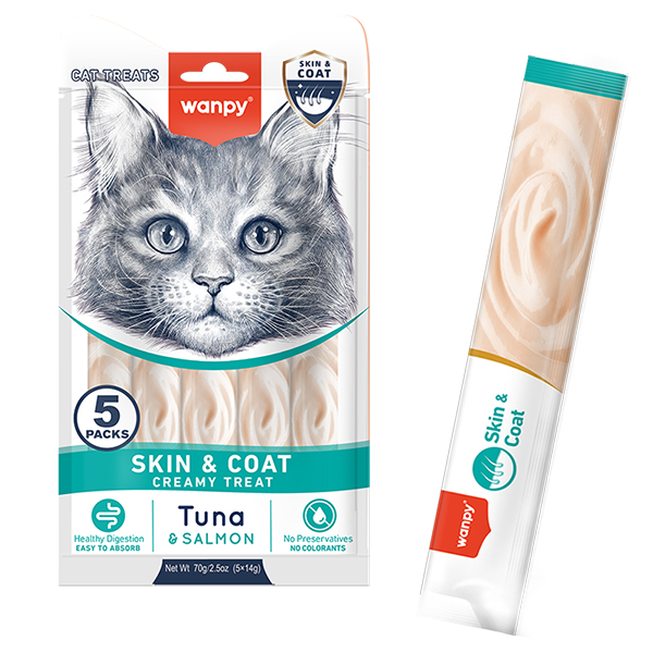 Wanpy Functional Creamy Lickable Treat Skin&Coat ВАНПІ ШКІРА Й ШЕРСТЬ функціональні рідкі ласощі для котів , 5 од х см фото 1