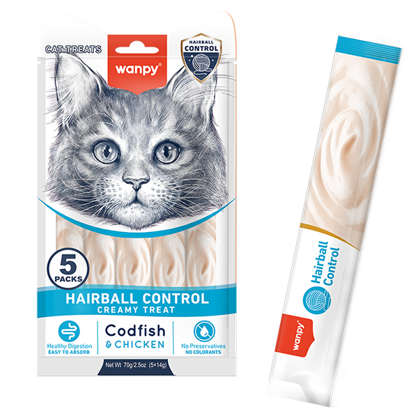 Wanpy Functional Creamy Lickable Treat Hairball Control ВАНПІ ВИВЕДЕННЯ ШЕРСТІ функціональні рідкі ласощі для котів , 5 од х см фото 1