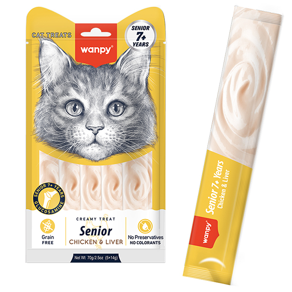 Wanpy Creamy Lickable Treats Senior Chicken & Liver ВАНПІ КУРКА З ПЕЧІНКОЮ ДЛЯ ЛІТНІХ КОТІВ рідкі ласощі з лактобактеріями та глюкозаміном, 14гх5од. , 5 од х см фото 1