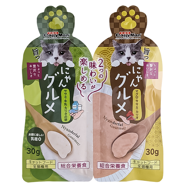CattyMan Complete Twins Pouch КЕТТІМЕН ДВА СМАКИ: КУРКА МОЛОКО ІКРА ТА ТУНЕЦЬ КУРКА МАКРЕЛЬ крем-пюре, рідкий корм для котів , 2 од х см