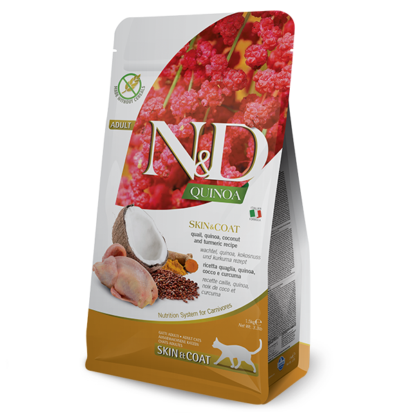 Фарміна кет сух N&D Quinoa Skin&Coat ADULT дієт. харчування, при харчовій алергії з перепелом, кіноа, кокос та куркума фото 1