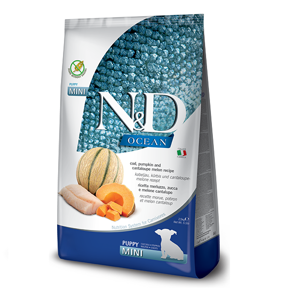 Фарміна дог сух N&D Grain Free OCEAN COD, PUMPKIN & CANTALOUPE MELON PUPPY MINI з тріскою та динею фото 1