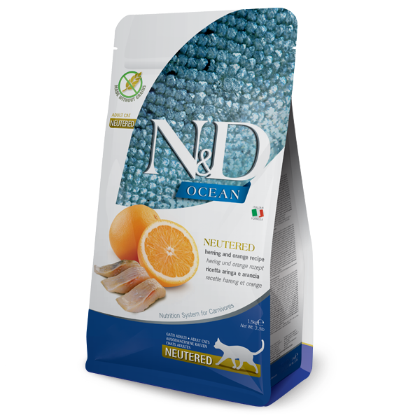 Фарміна кет сухий N&D Grain Free Ocean HERRING & ORANGE NEUTERED ADULT з оселедцем та апельсином фото 1