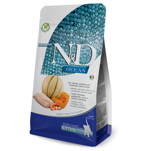 Фарміна кет сухий N&D Grain Free Ocean COD, SHRIMP, PUMPKIN & CANTALOUPEMELON KITTEN з тріскою, креветками, гарбузом і динею фото 1