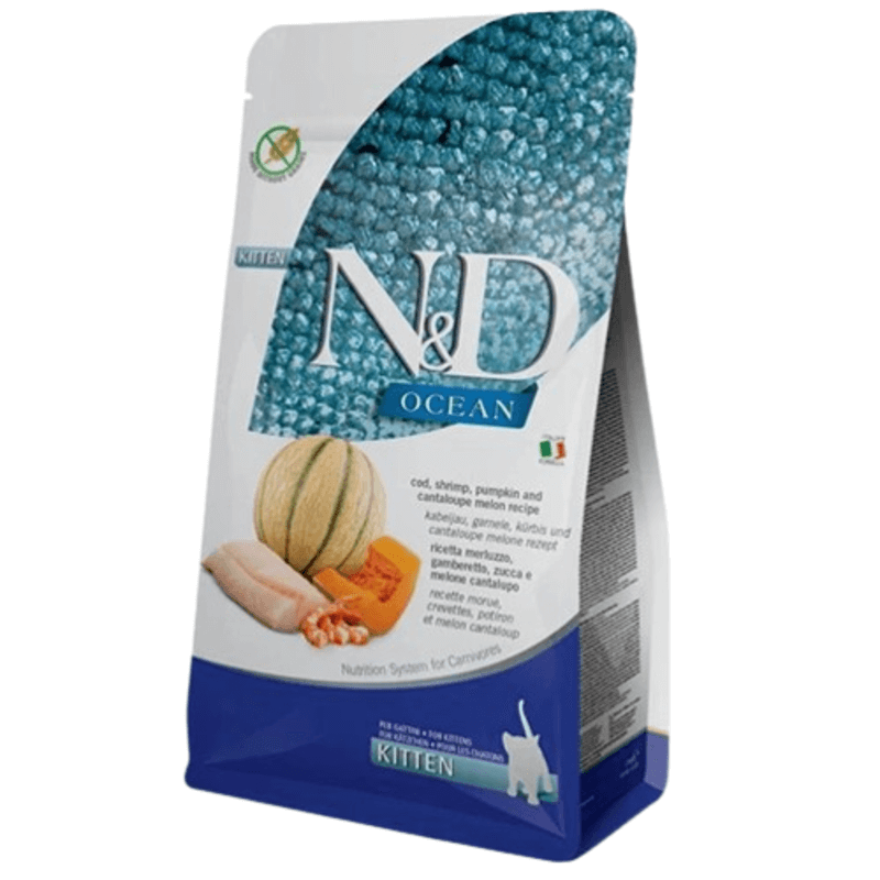 Фарміна кет сух N&D Grain Free Ocean COD, SHRIMP, PUMPKIN & CANTALOUPEMELON KITTEN з тріскою, креветками, гарбузом і динею фото 1