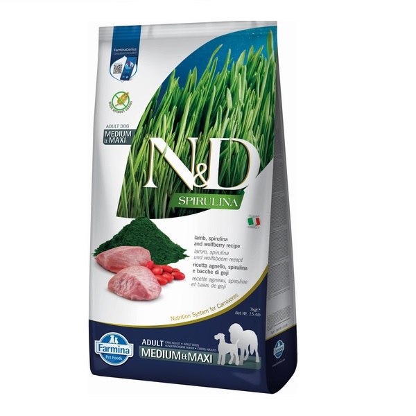 Фарміна дог сух N&D SPIRULINA LAMB ADULT MEDIUM & MAXI з ягням, спіруліною та ягодами годжі фото 1