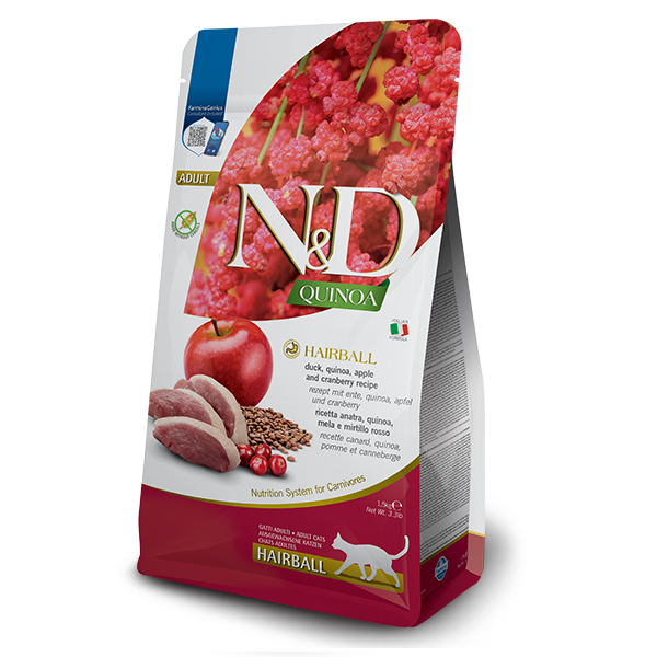 Фарміна кет сух N&D Quinoa Hairball ADULT для стимулювання виведення волосяних грудочок з качкою, кіноа, яблуко і журавлина фото 1