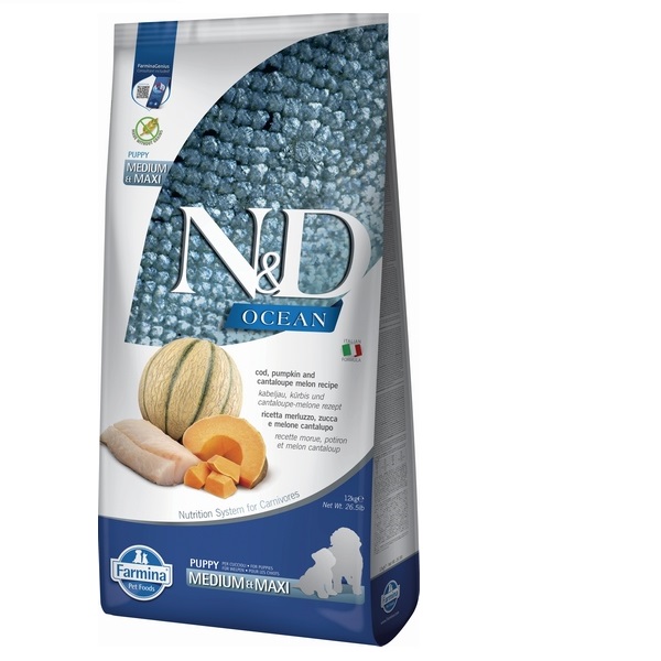 Фарміна дог сух N&D Grain Free OCEAN COD, PUMPKIN & CANTALOUPE MELON PUPPY MEDIUM & MAXI з тріскою та динею фото 1