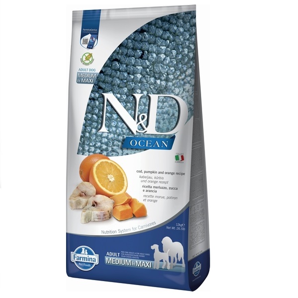 Фарміна дог сух N&D Grain Free OCEAN COD, PUMPKIN & ORANGE ADULT MEDIUM & MAXI з тріскою та апельсином фото 1