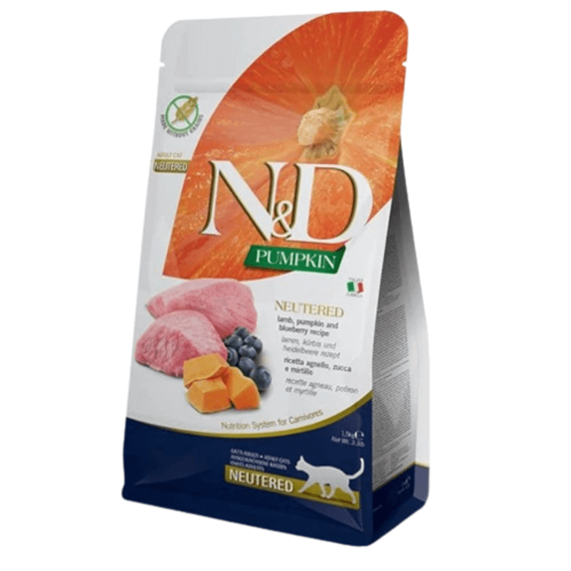 Фарміна кет сух N&D Grain Free PUMPKIN LAMB & BLUEBERRY NEUTERED ADULT для стерилізованих кішок з гарбузом, ягням та чорницею фото 1