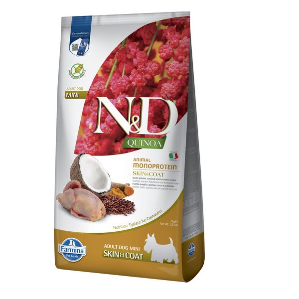 Фарміна дог сух N&D Quinoa Skin&Coat ADULT MINI дієт. харчування, при харчовій алергії з перепелом, кіноа, кокос та куркума фото 1