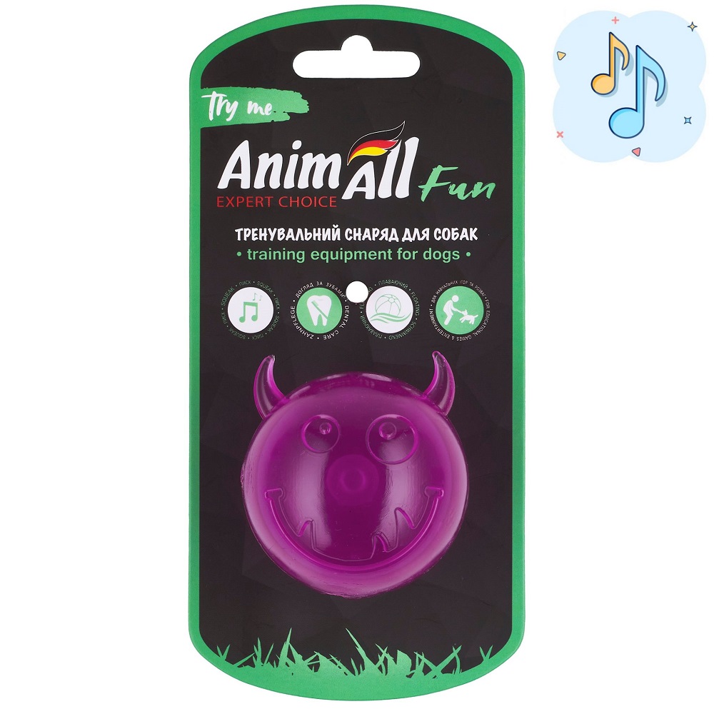 AnimAll Fun м'яч чортик з пищалкою 65 мм фіолетовий