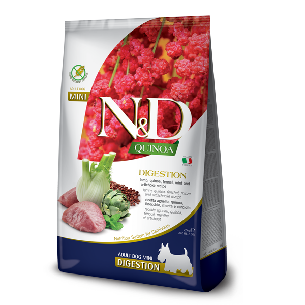 Фарміна дог сух N&D QUINOA DOG DIGESTION, LAMB & FENNEL ADULT MINI дієт. харчування у разі порушень травлення з ягням та кіноа фото 1
