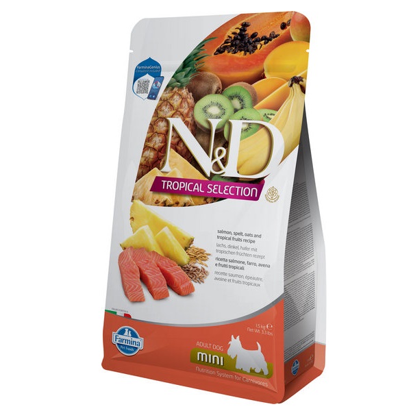 Фарміна дог сухий N&D TROPICAL SELECTION SALMON ADULT MINI з лососем та тропічними фруктами фото 1