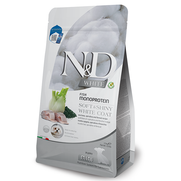 Фарміна дог сухий N&D Grain Free WHITE PUPPY MINI для цуценят з білою шерстю з сібасом, спіруліною та фенхелем фото 1