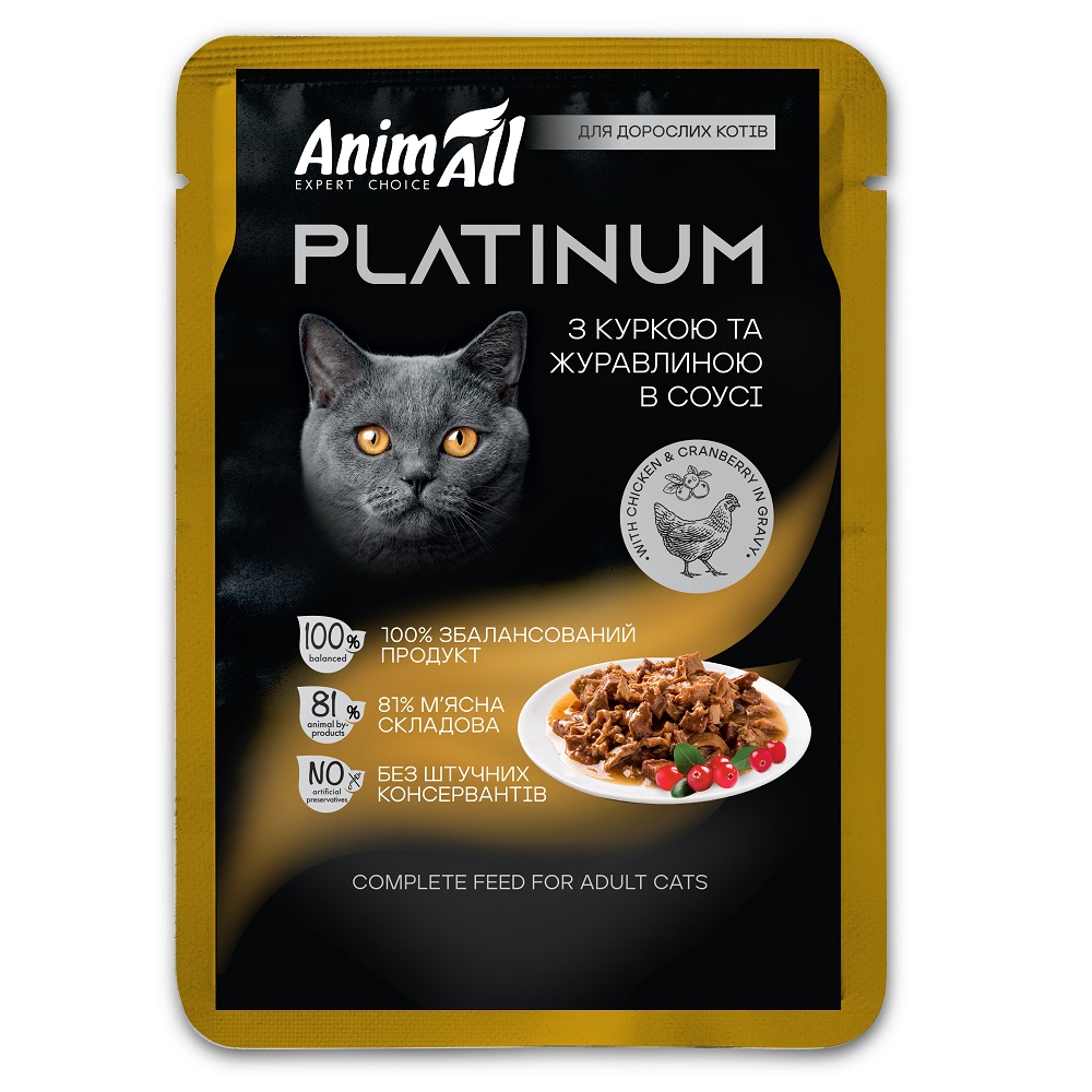АнімАлл вологий корм PLATINUM Пауч для дорослих котів з Куркою та Журавлиною в соусі фото 1